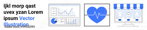 Analytics dashboard, heartbeat ECG on heart icon, storefront on screen. Ideal for data analysis, health tracking, e-commerce, medical app, online marketing, retail system simple landing page