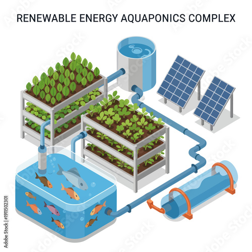 Aquaponics System with Solar Panels and Fish.