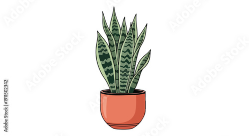Vivid illustration of a snake plant in a terracotta pot with patterned leaves, representing resilient indoor greenery and modern botanical charm,
