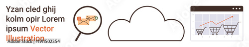 Data analysis, e-commerce trends, cloud storage, technological advancement, market research, digital marketing. Cloud icon, magnifying glass and shopping cart graph. E-commerce trends and technology