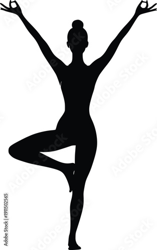 Silhouette of a person in a yoga pose with arms raised and balanced on one leg
