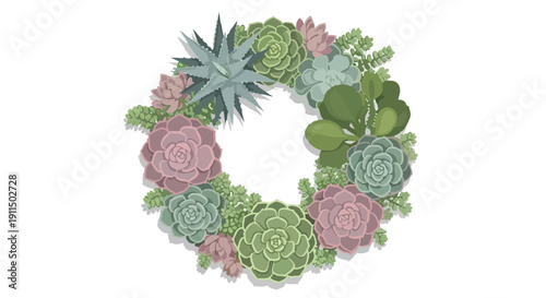 Botanical succulent wreath illustration showcasing a beautiful circular arrangement of varied green and muted pink desert plants offering natural