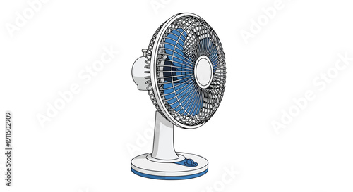 An illustration of a modern white and blue electric desk fan, designed for personal cooling and comfort within any contemporary home or office