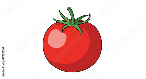 A vibrant, perfectly ripe, cartoon-style red tomato with a vivid green stem and leaves, embodying freshness and natural goodness, ready for culinary