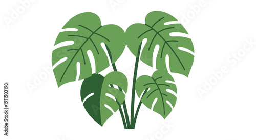 Stylized tropical monstera plant illustration with vibrant green foliage and a clean white backdrop for modern design aesthetics