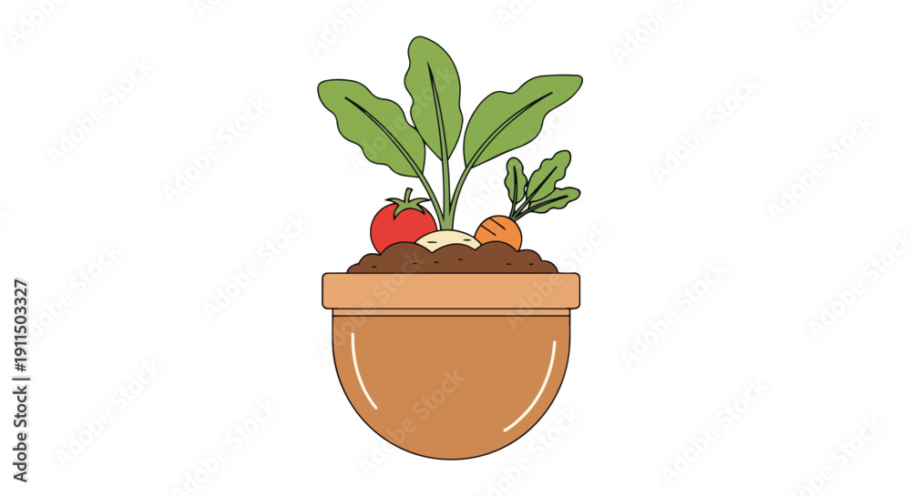 Fototapeta premium Vibrant container garden with a healthy tomato, onion, and carrot plant in rich soil
