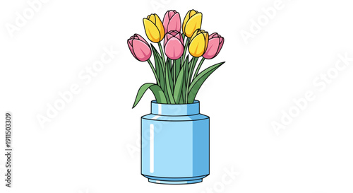 Vibrant pastel tulips gracefully arranged in a sleek, sky-blue ceramic vase, bringing a cheerful touch of springtime charm and simple elegance to