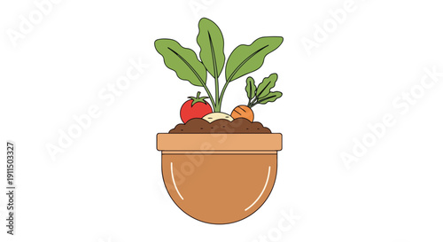 Vibrant container garden with a healthy tomato, onion, and carrot plant in rich soil