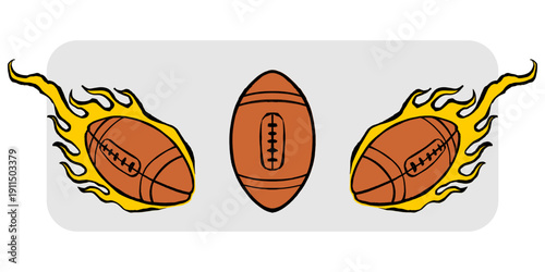 Three American Football Balls with Golden Flames. Hand-Drawn Graphic Elements for Sport Branding and Apparel Design.