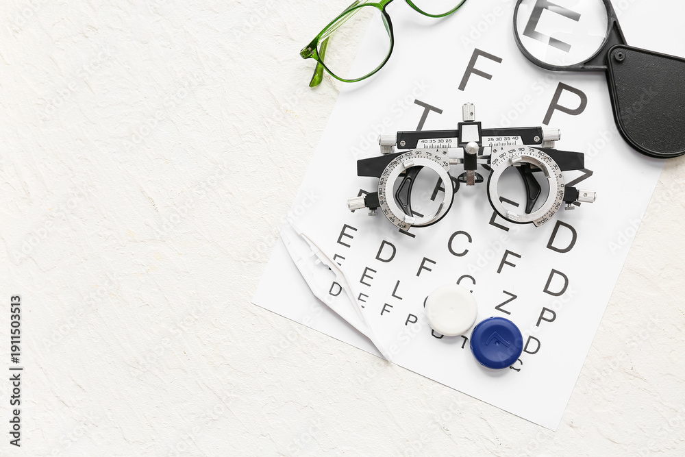 Fototapeta premium Optical trial frame with eye test chart, eyeglasses and set for contact lenses on white grunge background