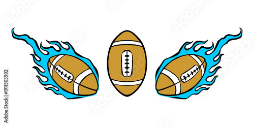 Triple American Football Ball Collection. Blue and Gold Line Art Illustrations of Football Balls with Flame Accents.