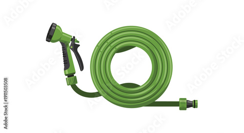Vibrant green garden hose neatly coiled, showcasing ergonomic multi-pattern spray nozzle and durable quick-connect fitting, perfect for essential