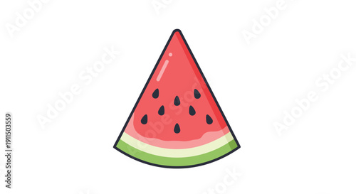 A delightful cartoon illustration of a refreshing watermelon slice, showcasing its vibrant red pulp with dark seeds and a crisp green rind, perfect