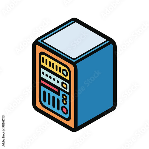 A colorful, cartoon-style illustration of a cube-shaped device