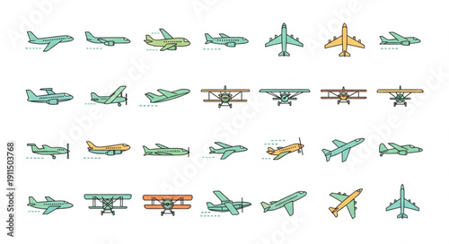 Collection of various airplane illustrations in different styles.