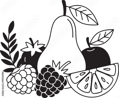 Vector art of black and white illustration of various fruits including pear apple and citrus