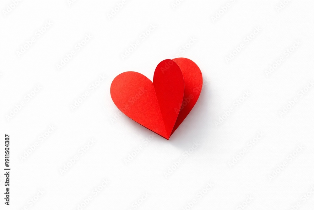 Fototapeta premium Single red 3D heart on clean white background. Minimal romantic concept with soft shadow, high sharpness and clarity. Modern love symbol, vertical negative space for design and stock use.