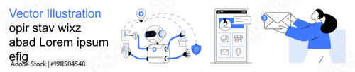 Artificial intelligence, data security, email systems, mobile technology, automation, user identity. Robot managing data, app interface person holding envelope. Artificial intelligence and data
