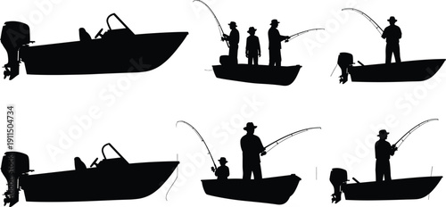 Collection of fishing boat silhouettes with anglers casting rods, detailed black vector set of recreational sport fishermen on motorboats isolated on white background