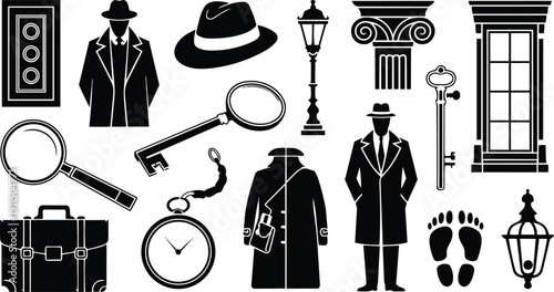 Detective icons set including magnifying glass, trench coat, hat, key, lamp post, clock, briefcase, and footprints, detective tools and symbols in black silhouette