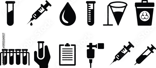 Medical equipment icons including syringes test tubes and beakers for healthcare and science