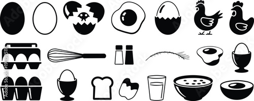 Black and white egg icons with chickens and cooking utensils eggs