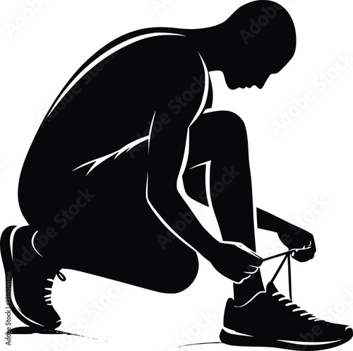 Silhouette of a person tying their shoes in a crouched position
