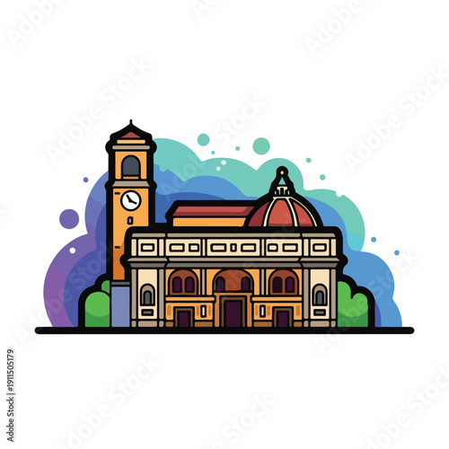 A colorful illustration of a building with a clock tower