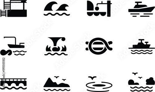 set of nautical icons including boats, waves, and marine symbols, nautical icons, boat symbols, wave graphics, marine signs, ocean icons, sea graphics