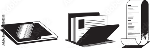 Black and white illustration of various electronic devices and documents, including a tablet, laptop, and scroll, showcasing technology and communication tools