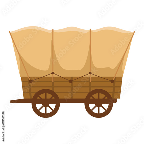 Covered wagon with wooden slats and brown canvas top on wheels  old icon