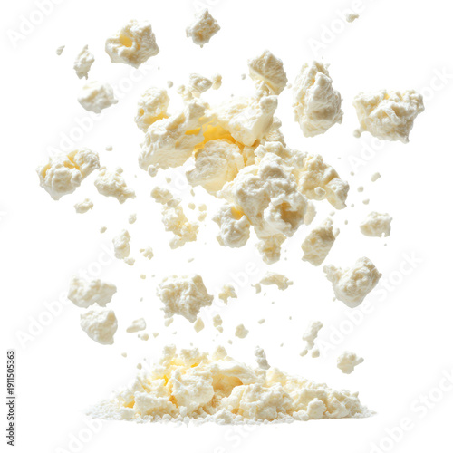 A pile of cottage cheese exploding into pieces on transparent background