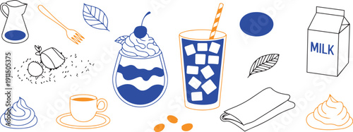 Colorful illustrations of milkshakes and coffee drinks with utensils and ingredients