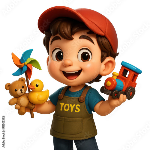A cheerful cartoon boy in a red cap and TOYS apron happily holding a teddy bear duck pinwheel and a colorful toy train.
