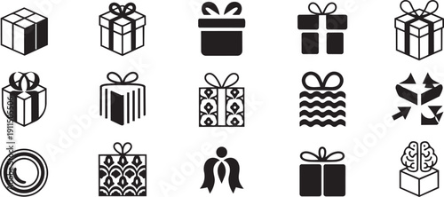 Black gift box icons with ribbons and bows, various patterns and designs, presents and wrapping symbols