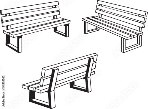 Three wooden benches in different angles and positions wooden benches