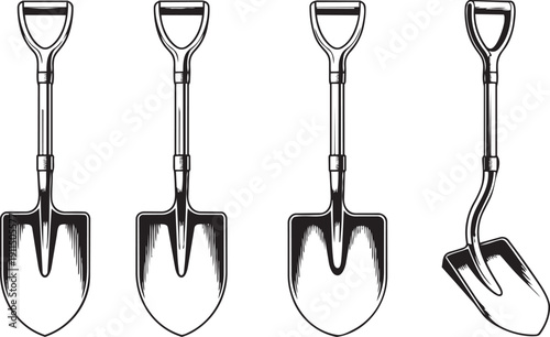 Four shovels with handles on white background, shovels with handles