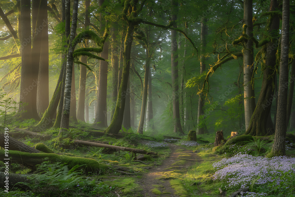 Obraz premium Forest Pathway with Mossy Trees and Morning Sunbeams