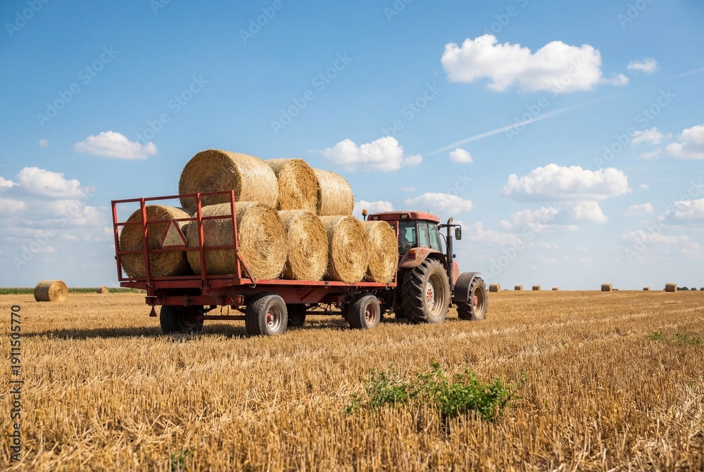 Obraz premium Red tractor pulling a trailer loaded with round hay bales across a dry harvested field in summer