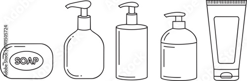 Bathroom essentials toiletries line including soap bottle lotion shampoo conditioner toothpaste