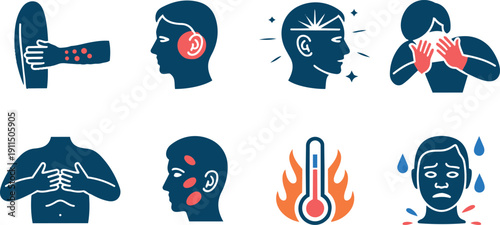 Sick people with various symptoms like fever headache and cough