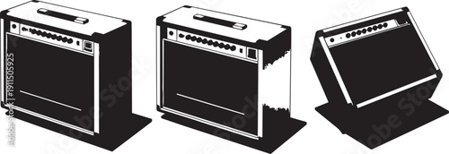 Three guitar amplifiers in a row on white background