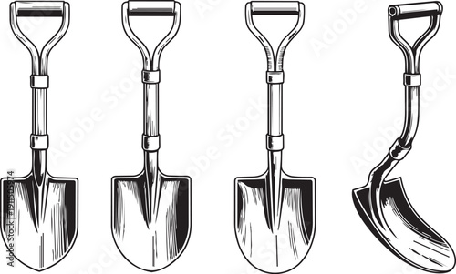 Four shovels with handles on white background, shovels with handles