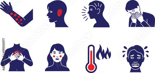 Symptoms of illness and fever icons set including headache earache cough rash heart pain temperature