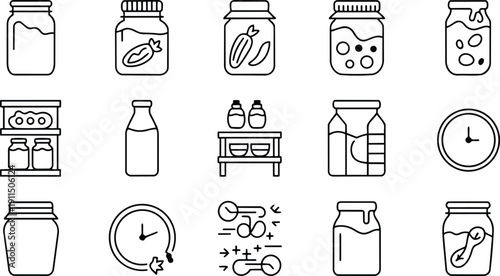 Food and drink icons including jars bottles and clocks for design