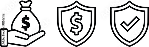 Financial security icons with money bag and shield symbols representing safety and protection