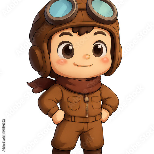 Charming cartoon aviator boy in a brown flight suit and helmet with goggles smiling confidently.