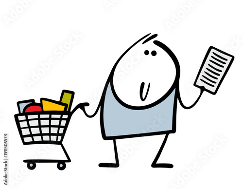 Satisfied man looks at his shopping list. Vector illustration of a rational stickman and full  cartoon shopping cart in a supermarket. Buyer and the goods, the products.