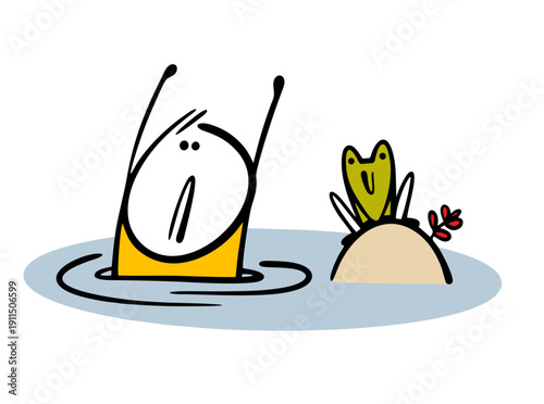 Cartoon unfortunate stickman drowns in a swamp or lake, needs help. Vector illustration of a frog on a hummock watching a victim. Danger on the water, a green wild animal.