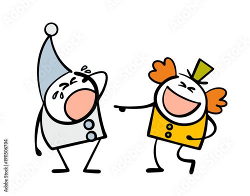 Two clowns in a circus or theater are playing a performance. Vector illustration of a chtikman laughing at  poor friend, a man crying. Cartoon unpleasant situation of abuse from a colleague.